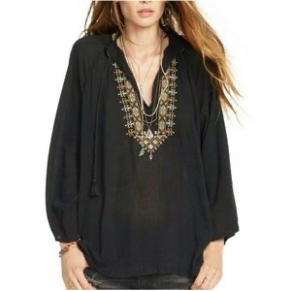 Denim & Supply Ralph Lauren Black Embroidered Boho Peasant Blouse XS Tassels